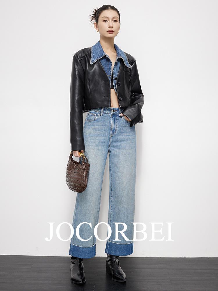JOCORBEI Contrast Color High-Waist Wide Leg Jeans for Petite Women
