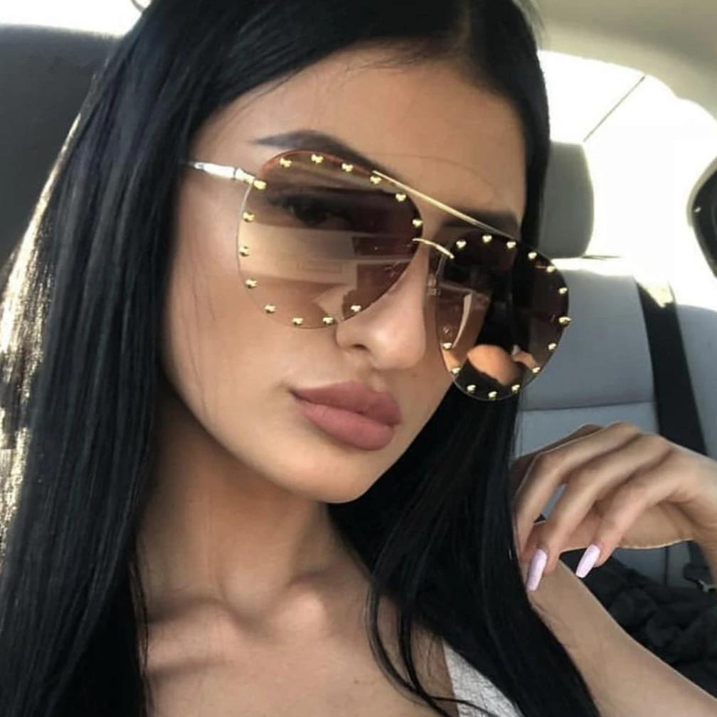 Ladies Rimless Pilot Sunglasses Luxury Brand Designer Metal Frame Gradient Large Colored Sun Glasses Shadow For Women UV400