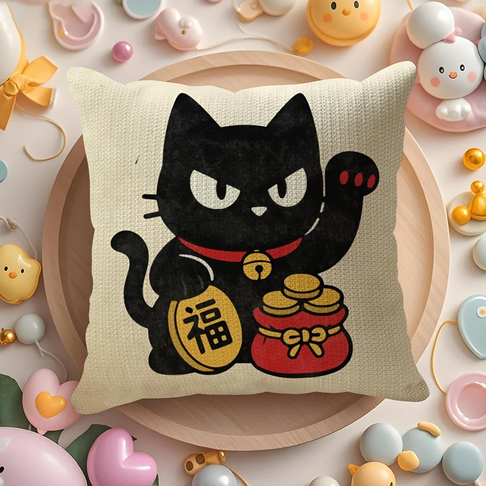 Lucky Cats Cartoon Cushion Cover Natural Linen Organic Fabric DoubleSided Printing Sofa Home Decor Gift Pillow Cover