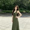 French Retro Green Plaid Dress Women's Summer Temperament Waist Skirt Vacation Style Neck Dress