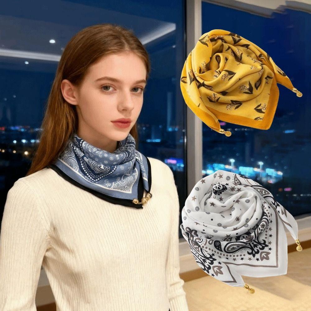 Neck Protection Soft Cotton Magnetic Scarf 65x65cm Floral Print Women Neckerchief Magnetic Buckle Square Scarf Women Fashion