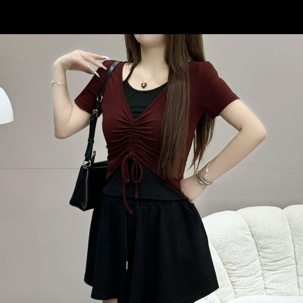 Private Style T Shirt With Drawstring And Pleated Design For Summer Casual Wear