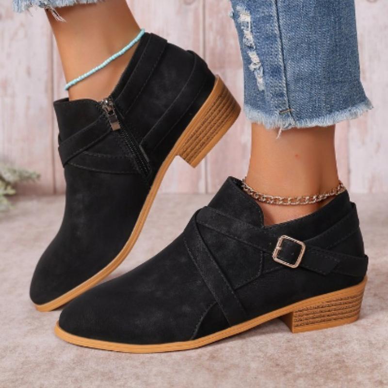 Big Size Women's Pointed Toe Ankle Boots Chunky Heel Buckle Detail Side Zipper Retro European American Style Autumn Winter Shoes
