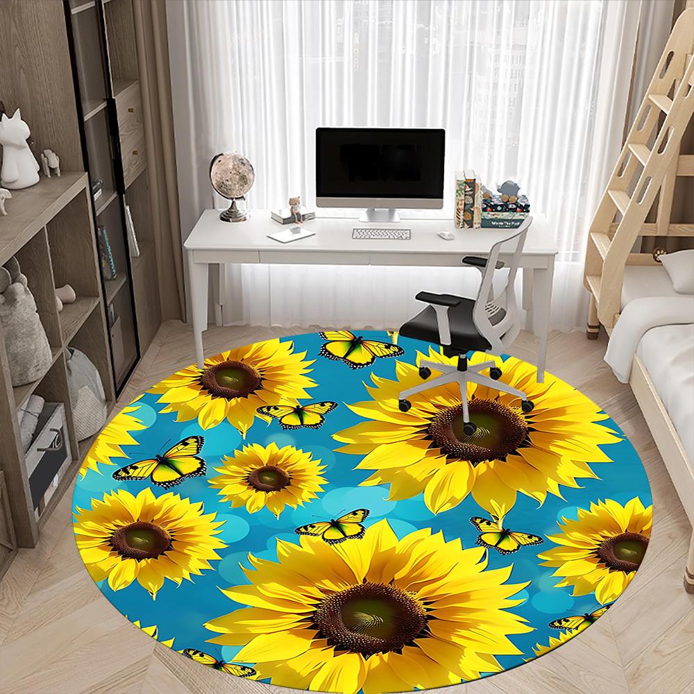 1pc Sunflowers Butterflies Office Round Area Rug, Indoor Mat Suitable For Office, Under Office Chairs Bedroom Living Room Home Decor, Room Deco