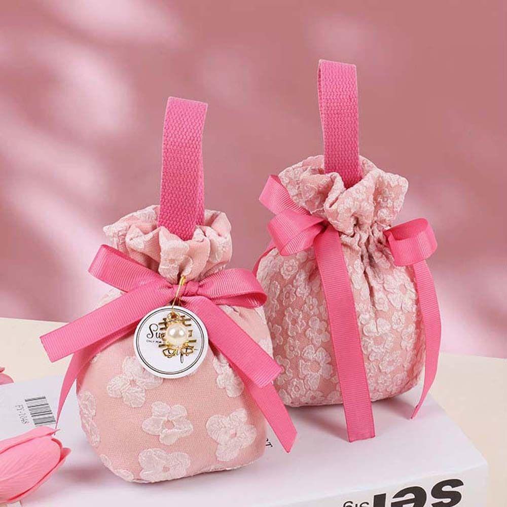 

Pearl Pendant Ribbon Bow Wrist Bag Stripe Festive Sugar Bag Canvas Floral Drawstring Bag Festival C