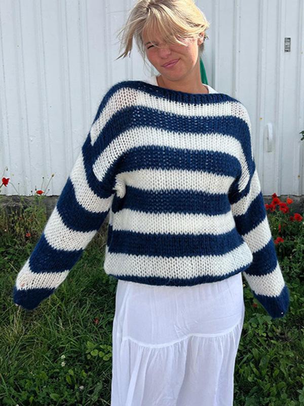 European & American Winter Women's Round Neck Striped Loose Knit Sweater - Versatile Long Sleeve Style