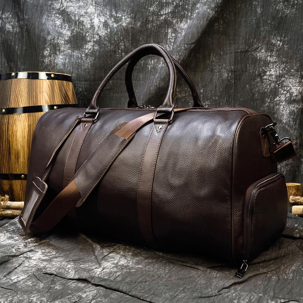 Men's Leather Travel Bag With Dry Wet Separation Black Cowhide Luggage Bag Large Capacity With Shoe Compartment Hand-held Fitness Bag
