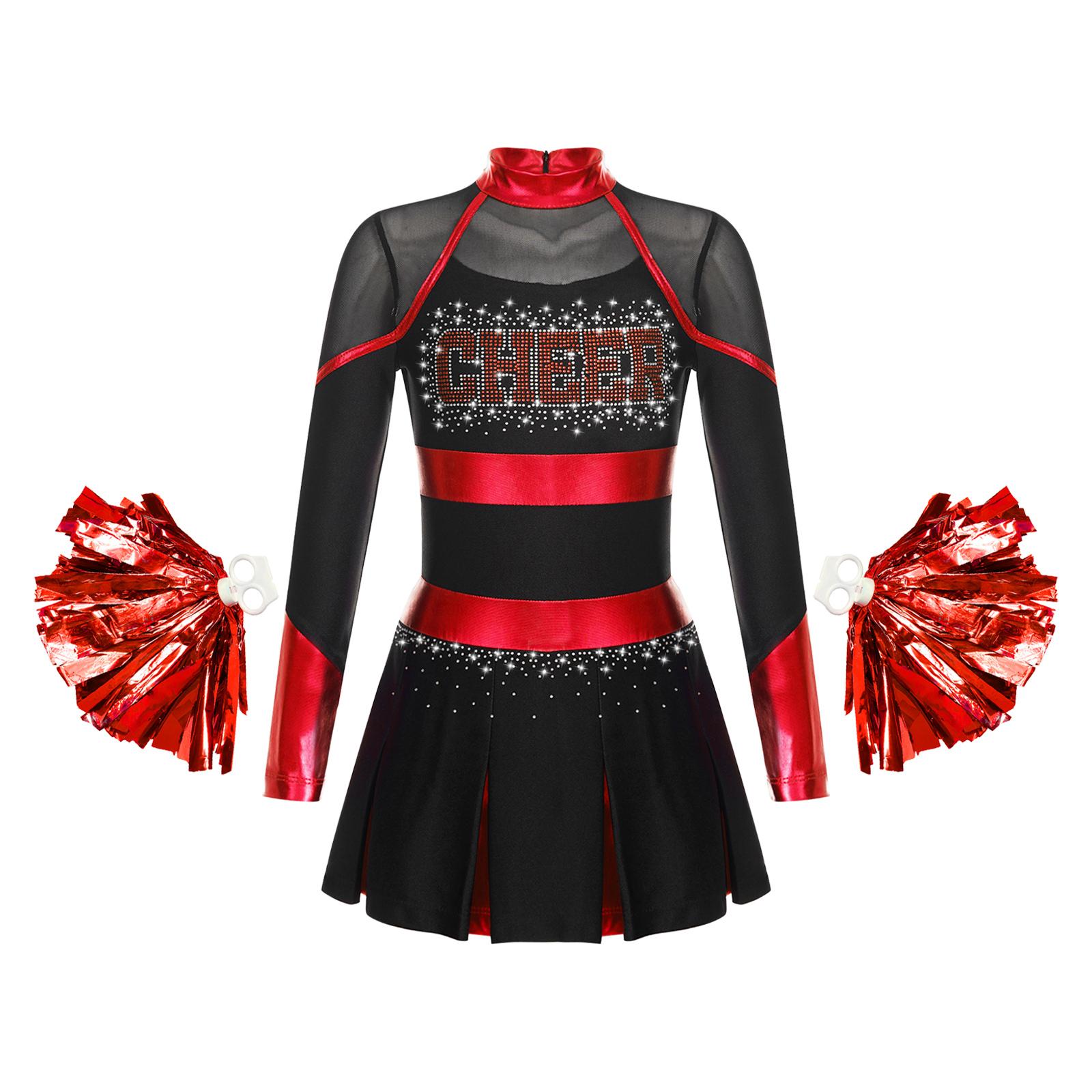 Mädchen Cheerleading Tanzset Glitzernde Strasssteine Buchstabenmuster Langarm Faltenkleid mit Handblumen 11-12 Years schwarz/rot
