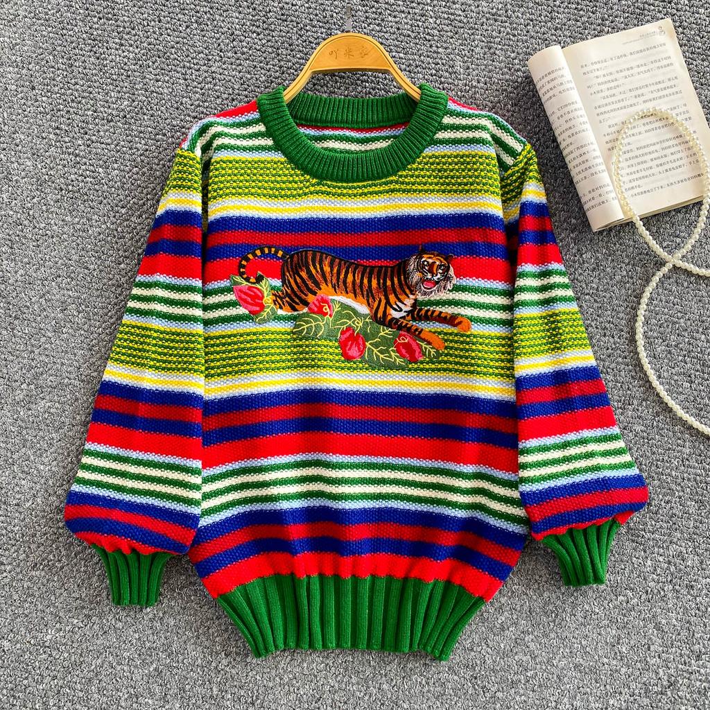 Autumn Winter Women O-neck Luxury Embroidery Tiger Striped Designer Runway Knitted Sweater Christmas Pullover Tops