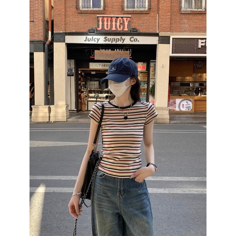 2026 Summer New Style Contrast Color Striped Short Sleeve T-Shirt for Women, Slim Fit and Versatile Top