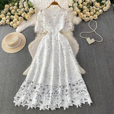 High Quality Lace Hollow Out Embroidery Party Dress for Women Summer Fashion Short Sleeve Slim Solid Lace Robes