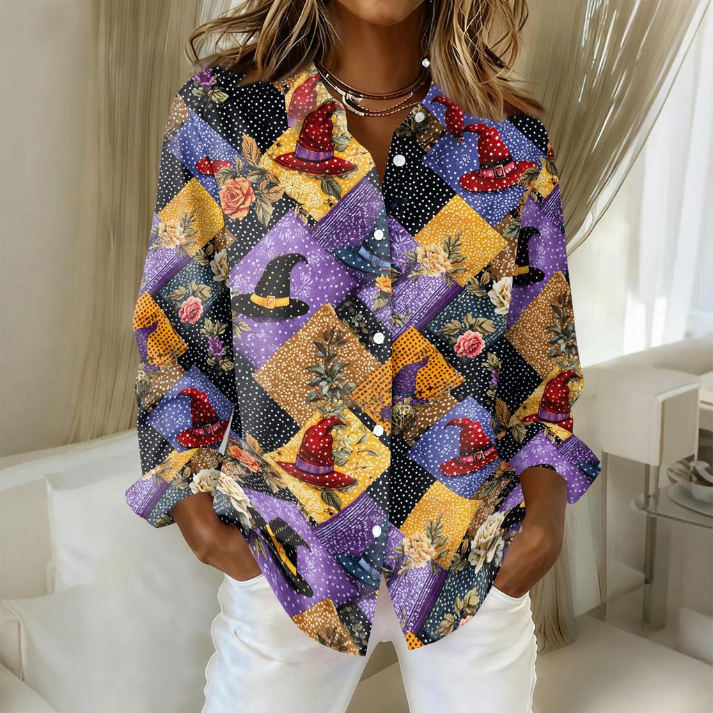 Women’s Long Sleeve Button Down Shirt with Halloween Print Turn Down Collar Casual Fit Blouse Top for Daily Wear