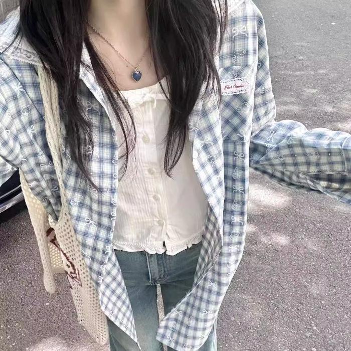 Women s Blue Plaid Shirt with Lace Trim Collar and Bow Print, Long Sleeve Japanese Style for Spring and Autumn 3XL
