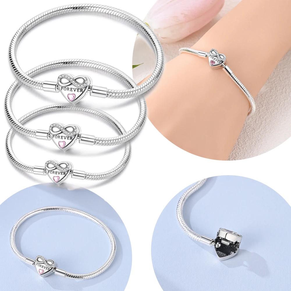 Authentic Copper Love Heart Pink Zircon Bracelets Infinite Forever Beautiful Women Gift Bracelets Accessory Girlfriend Jewellery