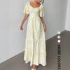 New Long Dress, Summer Idyllic Fashion Elegant Printed Long Square Neck Bubble Sleeve Dress