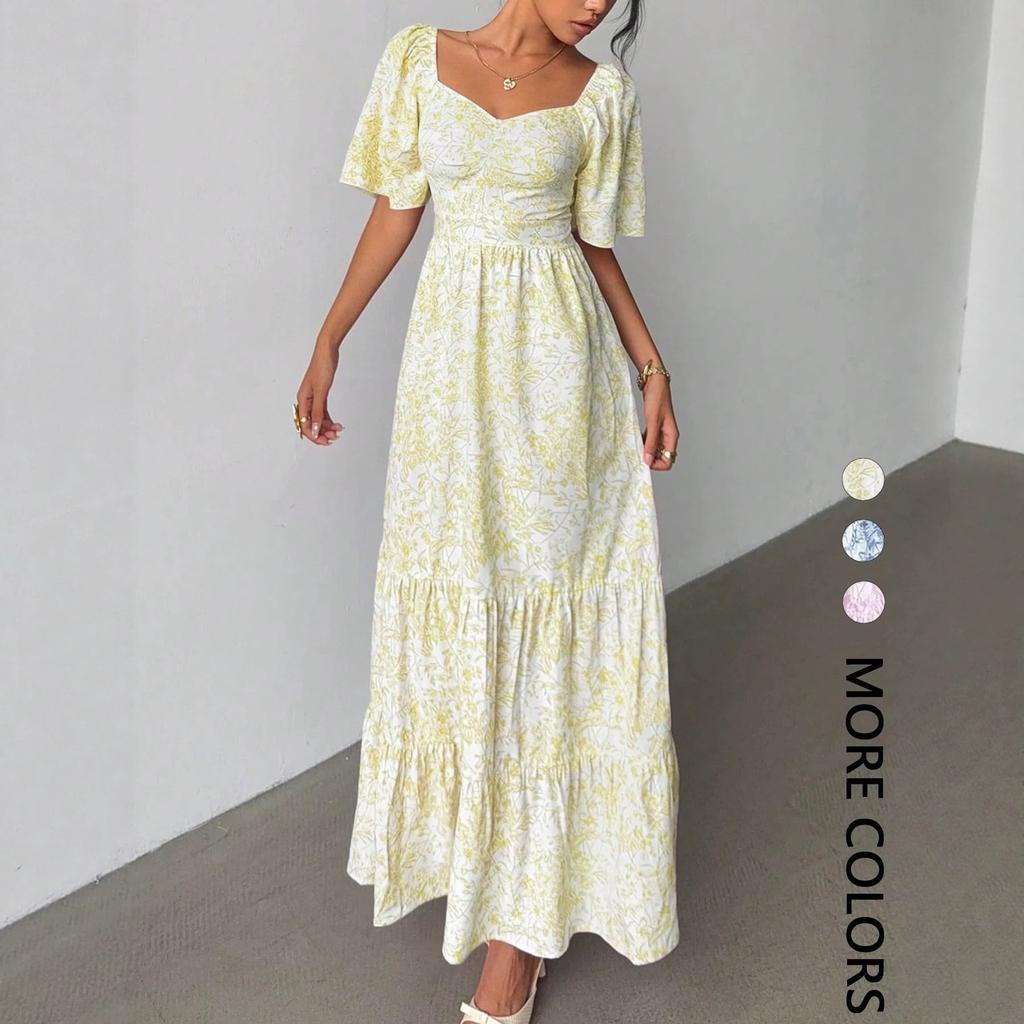 New Long Dress, Summer Idyllic Fashion Elegant Printed Long Square Neck Bubble Sleeve Dress