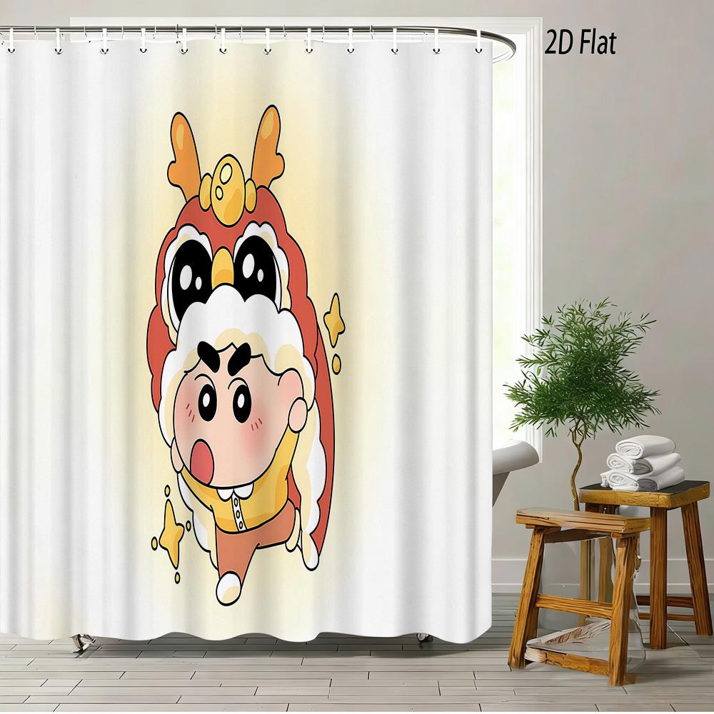Crayon Shin-Chan Umbrella Walking Cartoon 2D Print Waterproof Shower Curtain, Minimalist White Bathroom Decor With Hooks
