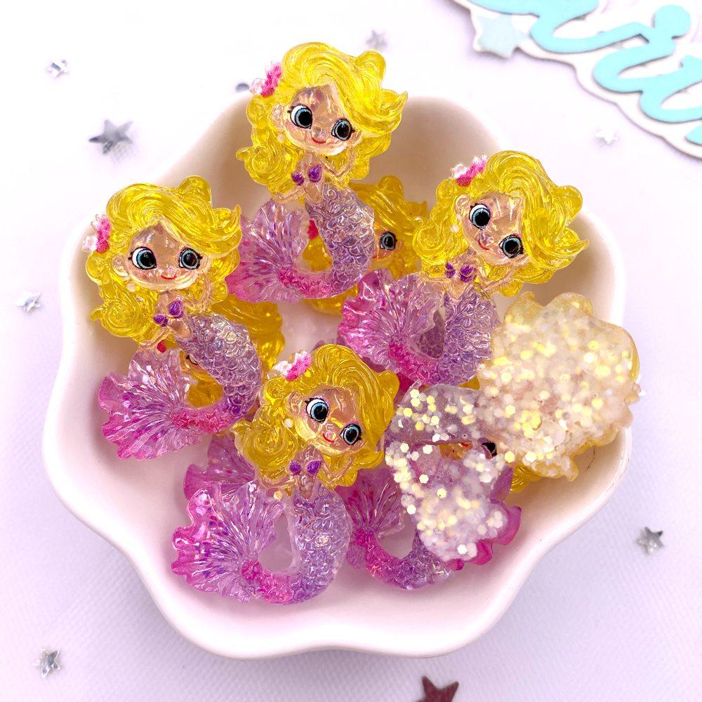 Resin Colorful Cartoon Glitter Mermaid Princess Girl Flatback Christmas Figurines 10PCS Scrapbook DIY Bow Accessory Decor Crafts