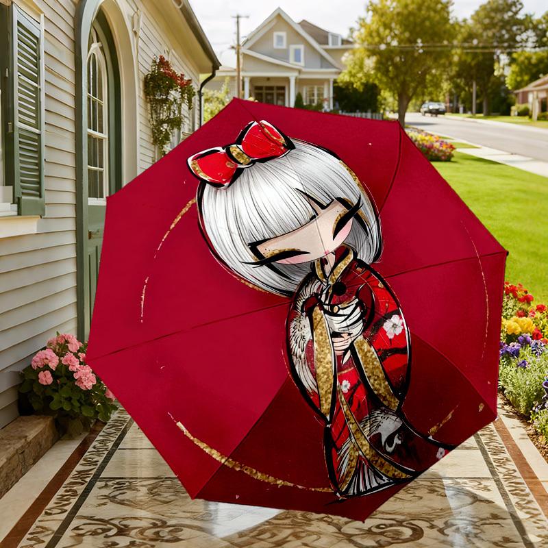 1pc Kimono Flowers Automatic Folding Umbrella, Heavy Duty 8 Rib Iron Frame,  Suitable for Travel, Daily Use, Birthday, Decor Gift m0104023