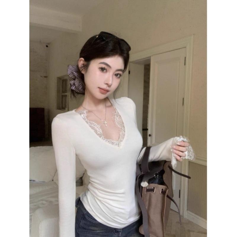 Lace V-Neck Slim-Fit Women's Long-Sleeve T-Shirt for Spring-Autumn, Sexy Hot Girl Style