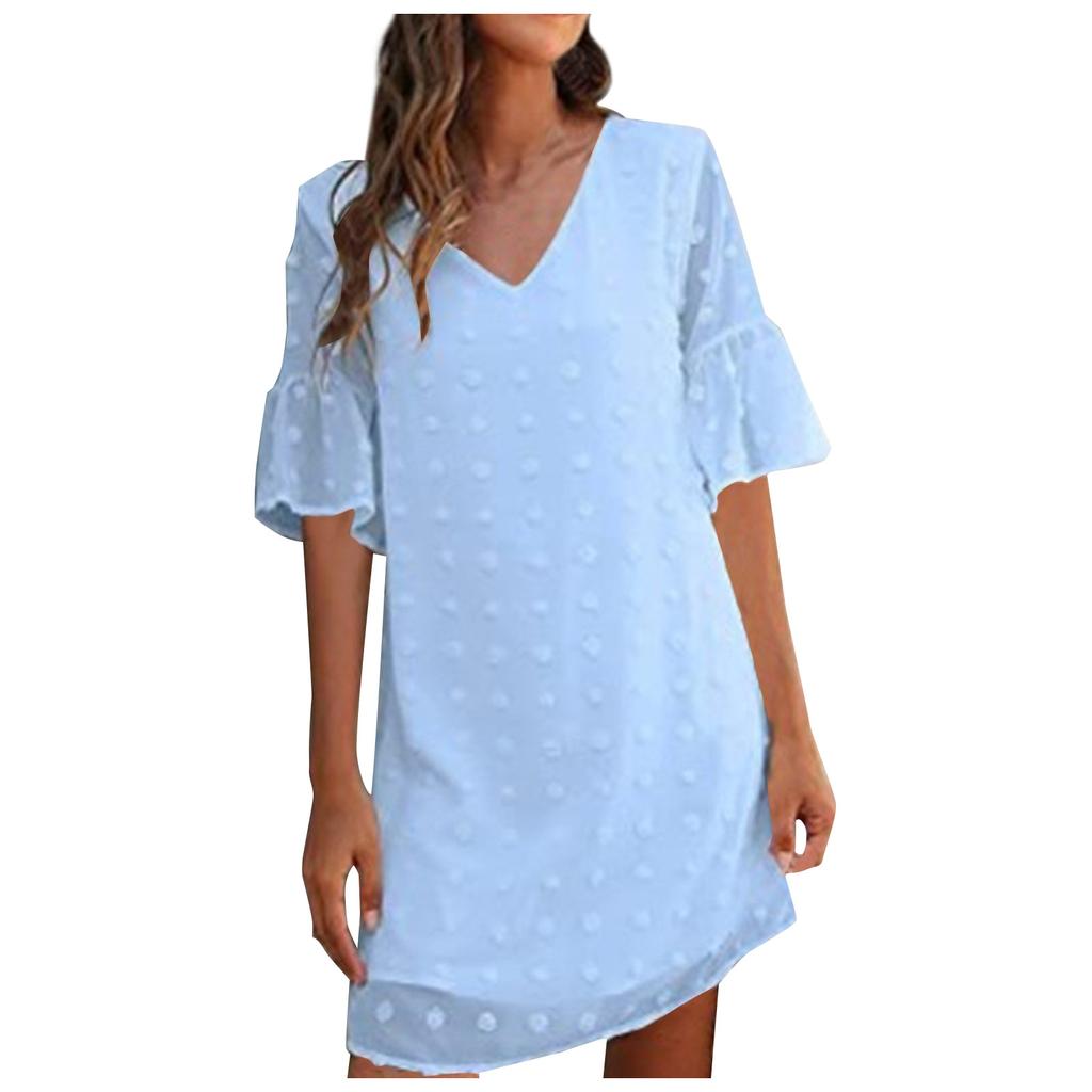 Women's  Small Fresh Casual Solid Color Loose Straight Trumpet Short-sleeved Jacquard-chiffon Stitching V-neck Dress