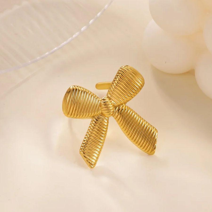 Ribbon Bow Stainless Steel Rings for Women Mama 18K Gold-plated Anti Fading Open Ring Wedding Jewelry Vacation Accessories Gifts