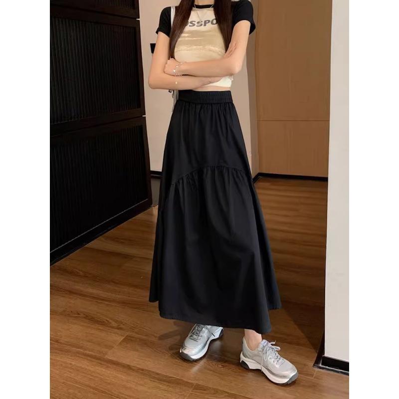 Half-length Skirt Women's Summer Simple and Thin Fashion Design Sense Pleated Stitching Elastic Waist Skirt