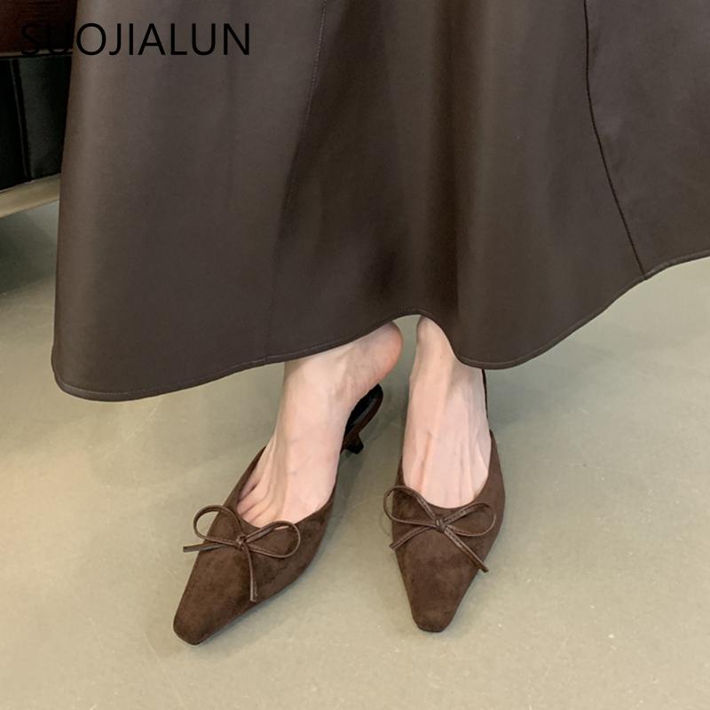 Fashion SUOJIALUN 2024 Autumn Women Slip On Slipper Fashion Pointed Toe Shallow Mules Shoes Thin High Heel Outdoor Dress Ladies Sandal