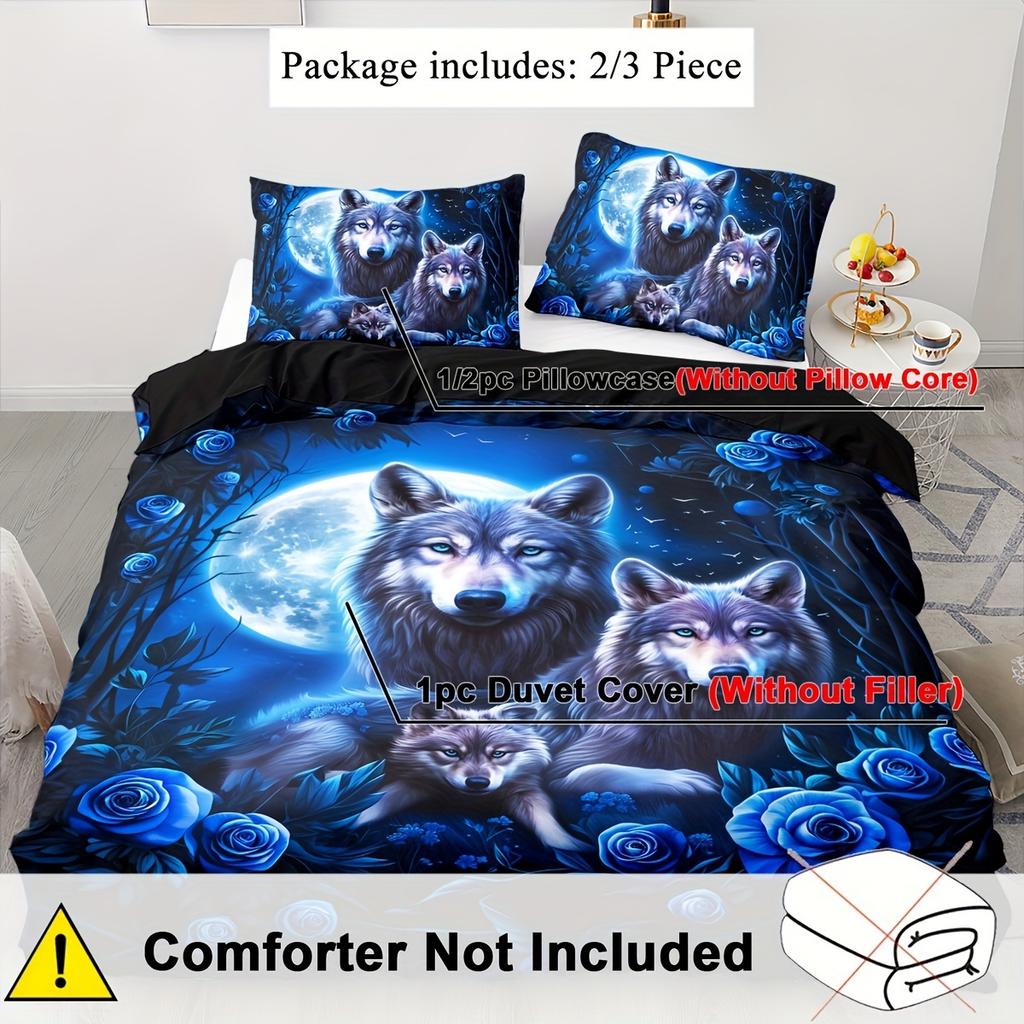 Comforter 2/3Pcs Soft Comfortable Wolf Bedding Set Set Blue Flower Bedding Set Wolves Animal Print Floral