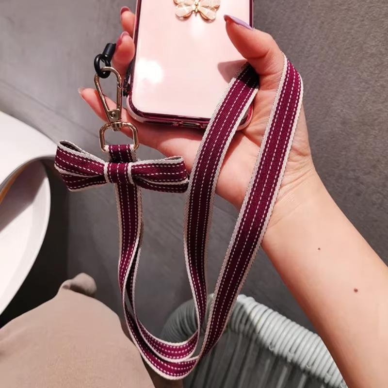 Chic Casual Striped Bow Girl Mobile Phone Lanyard Portable Mini Fan Camera Key Neck Strap Office Work ID Card Holder Rope
