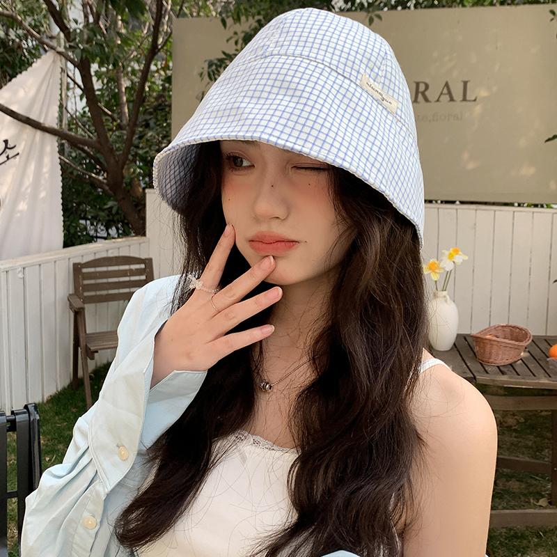 Plaid bucket hat women's summer sunshade sunscreen basin hat big head circumference showing small face versatile casual sun hat