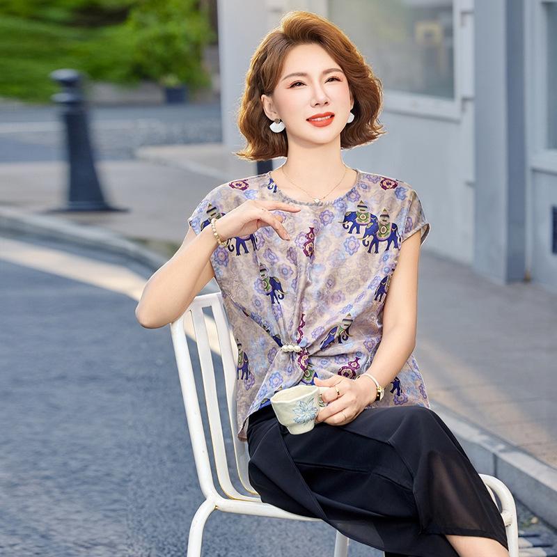 

Chiffon Ethnic Print Two-Piece Summer Set for Middle-Aged Women 2XL (95-115 jin)