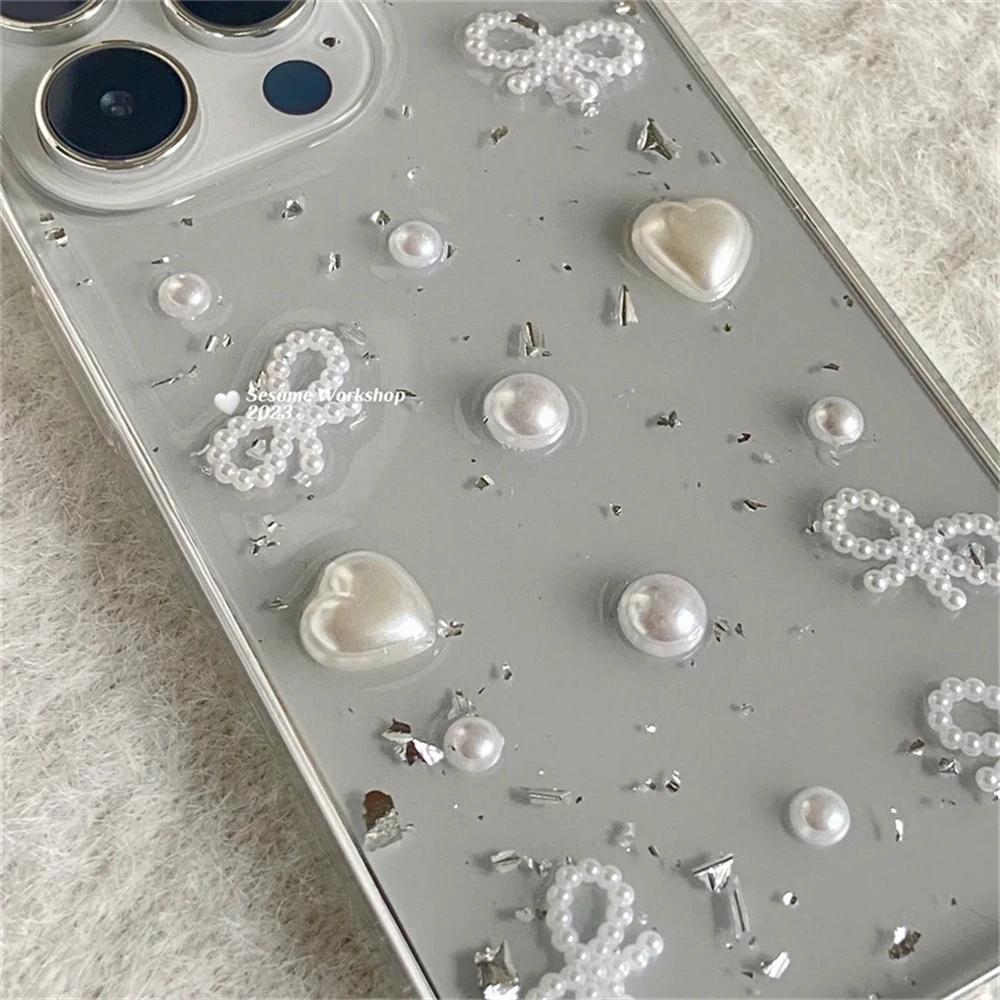 3D Pearl Bowknot Silver Foil Phone Case For iPhone 17 Air 16 15 14 12 11 Pro Max 13mini XS Max XR X Cute Clear Soft Cover
