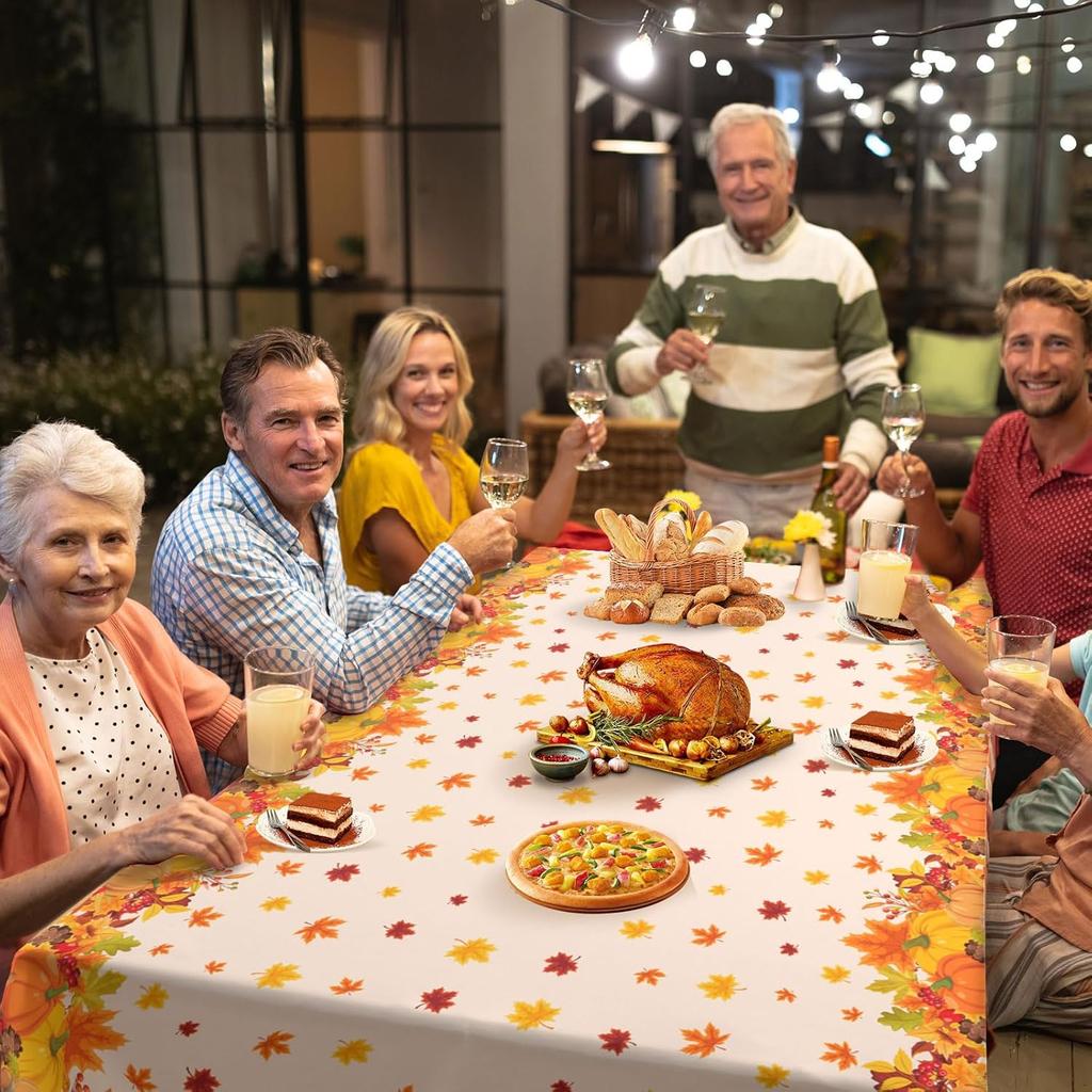 Thanksgiving Tablecloth Plastic Disposable - Fall Rectangular Paper Tables Cloth Cover for Rectangle Oblong Long Table Pumpkin Maple Leaf Decor
