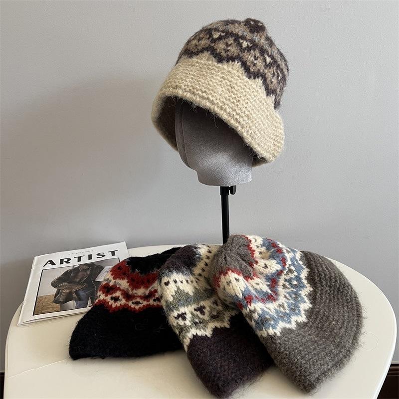 

Jacquard wool hat women winter thickened warm knitted hat cold ear protection bucket hat women темно-коричневого кольору