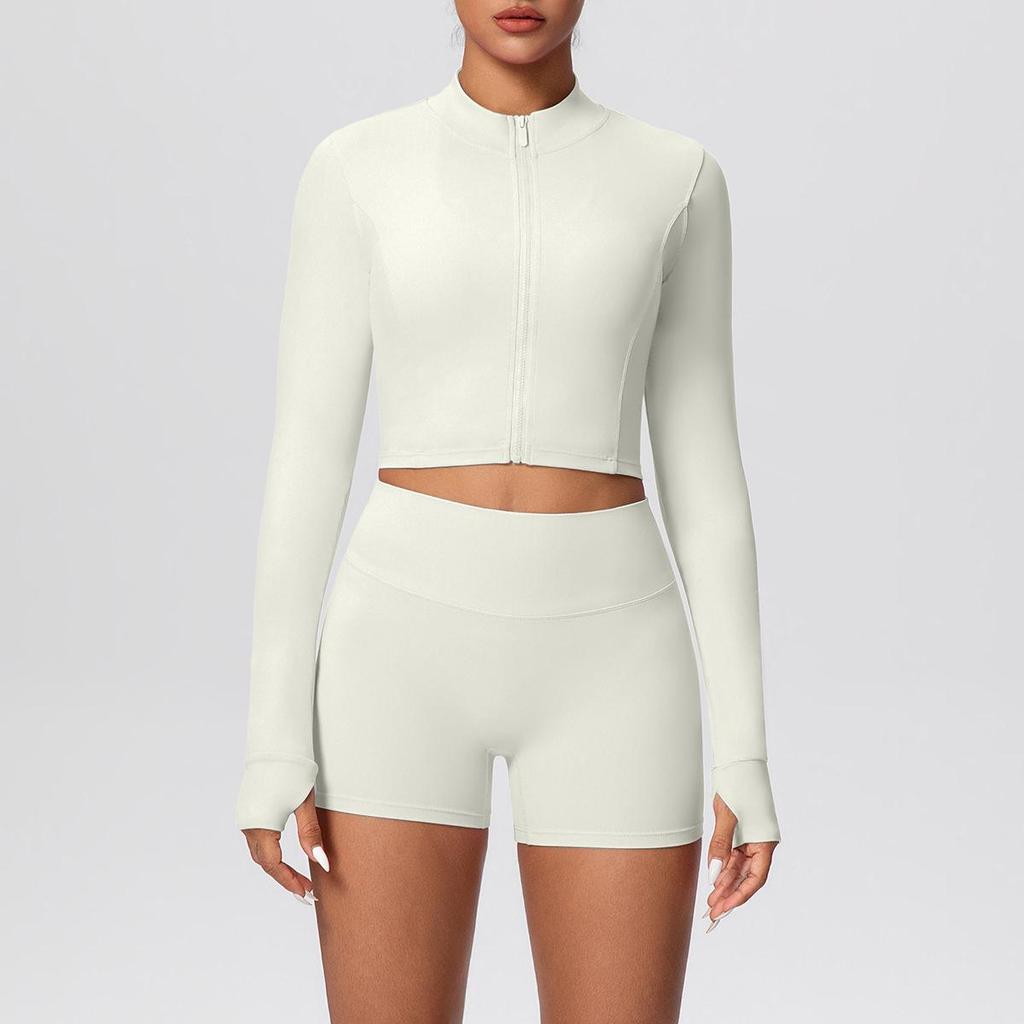 High-Waisted Hip-Lift Sports Shorts & Zip Jacket Yoga Set - Nude Feel for Casual Run & Fitness
