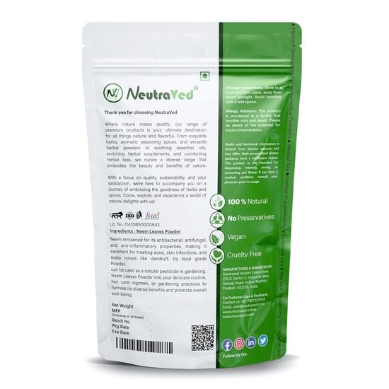 NeutraVed Neem Leaves Powder 200g, Organic Pure & Natural For Pimple-free Clear Skin, silky hair & Hair Cleanser, 200g