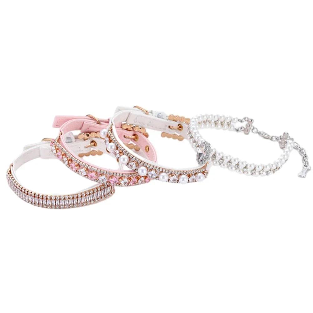 Luxury Pet Dog Pearls Collar and Leash Pearls Puppy Necklace Leather Pearl Leash with Crystal Rhinestone Small Dog Accessories