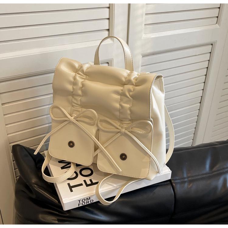 

Милый рюкзак с бантом для женщин 2025 Модный корейский плиссированный рюкзак Повседневная сумка большой вместимости бежевый