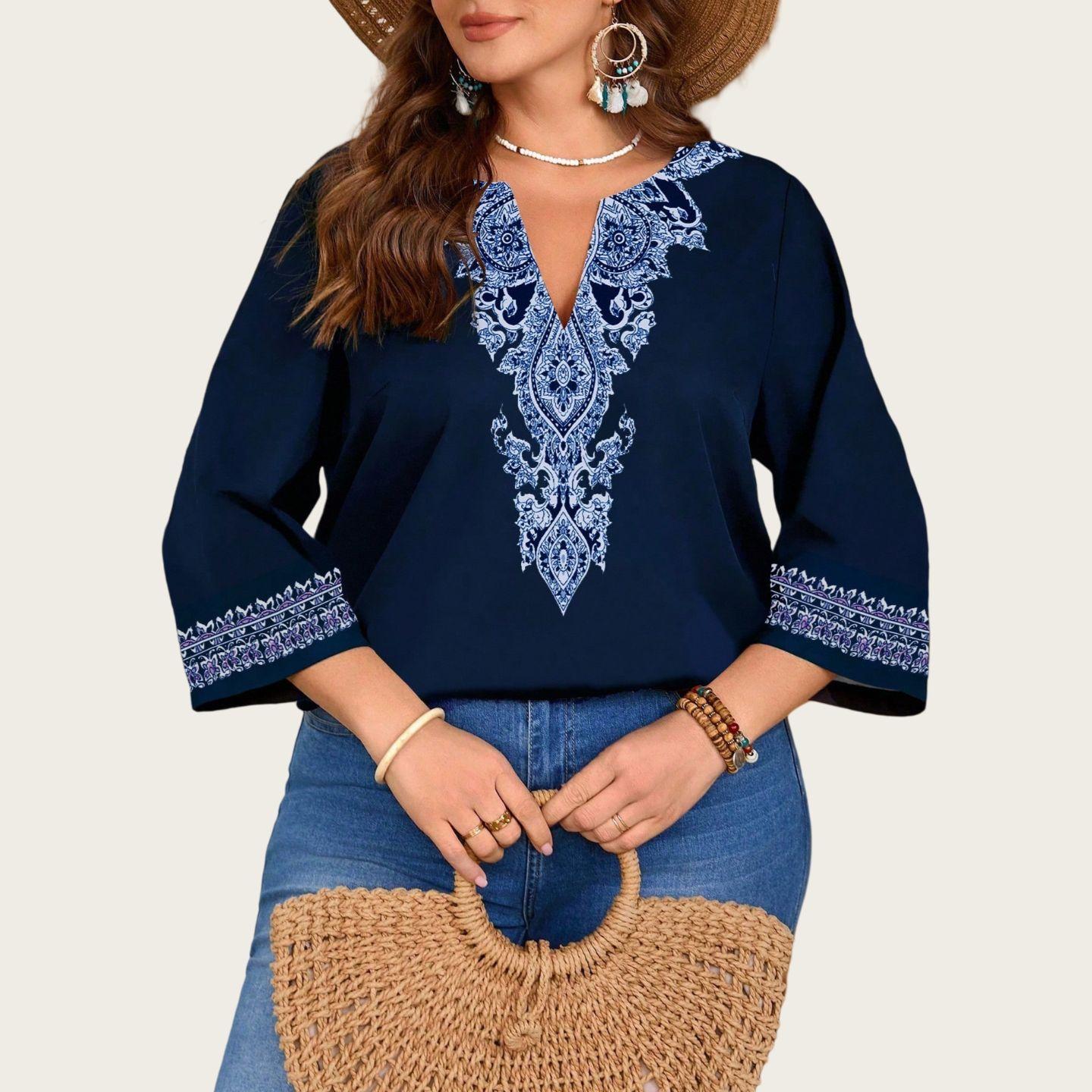 V Neck Three-Quarter Sleeve Embroidered Bohemian Blouse (Multiple Colors) 0XL