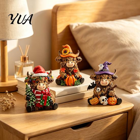 Highland Cow Figurine 3Pcs Figurine, Resin Yak Statues for Thanksgiving Christmas, Small Decorative Figurines Farmhouse Tabletop Ornaments Shelf