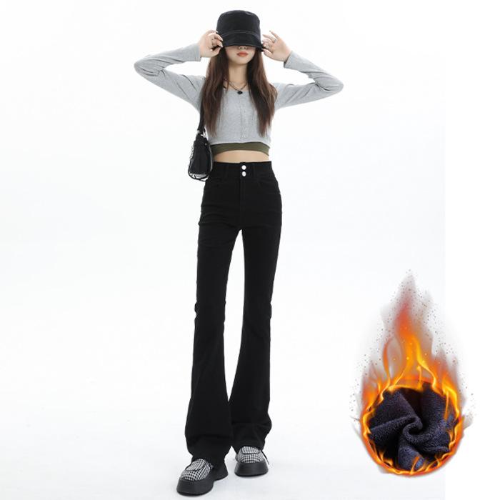 Fleece Slightly Pulled Jeans, Thickened Fleece Double-buckle Elastic High-waisted Belly and Thin Denim Flared Pants
