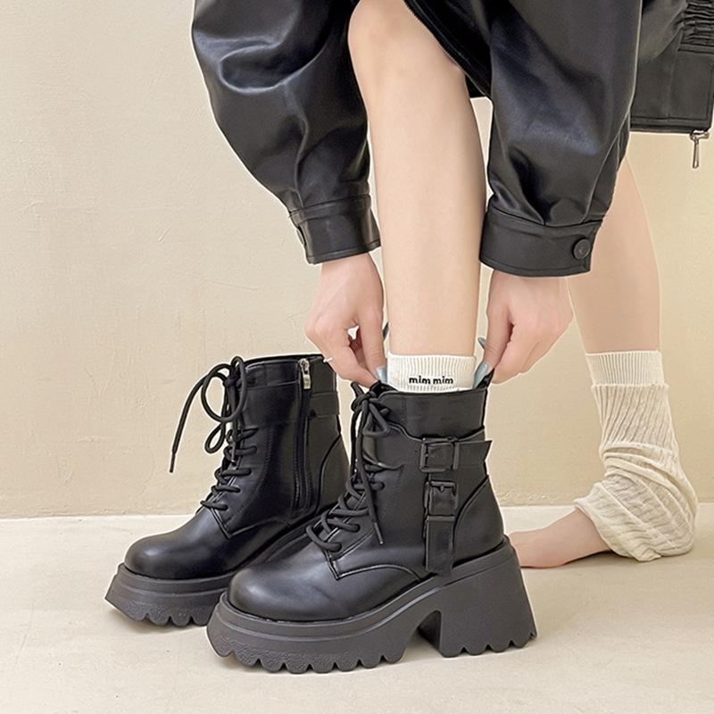 Fashion Retro Leather Boots Versatile Solid Color Platform Martin Boots Autumn and Winter British Style High-heeled Short Boots Small Fashion Boots