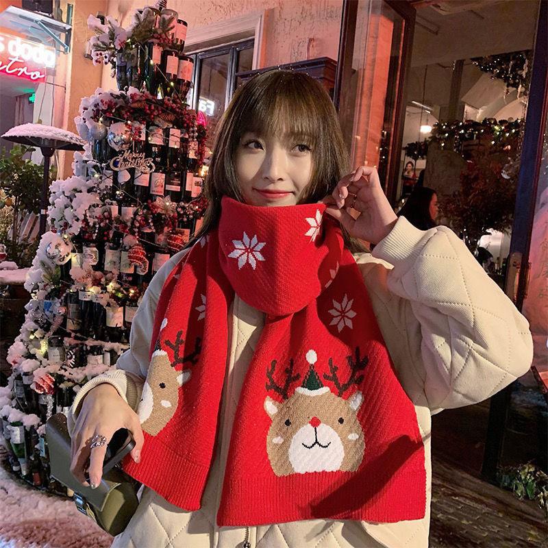 New Christmas Red Scarf for Women Autumn and Winter Knitted Warm Elk Scarf for Men Korean New Year Cute and Versatile