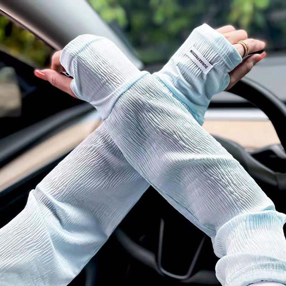 1Pair Wrinkled Ice Silk Sleeves for Women Breathable Arm Protection Sun UV Protect Long Arm Cover For Running Fishing Cycling