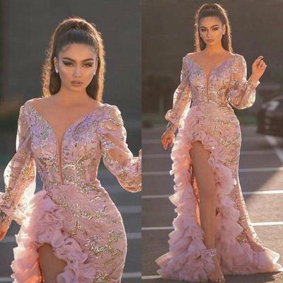 Vestido de noite longo de malha rosa com lantejoulas e quadris sensuais