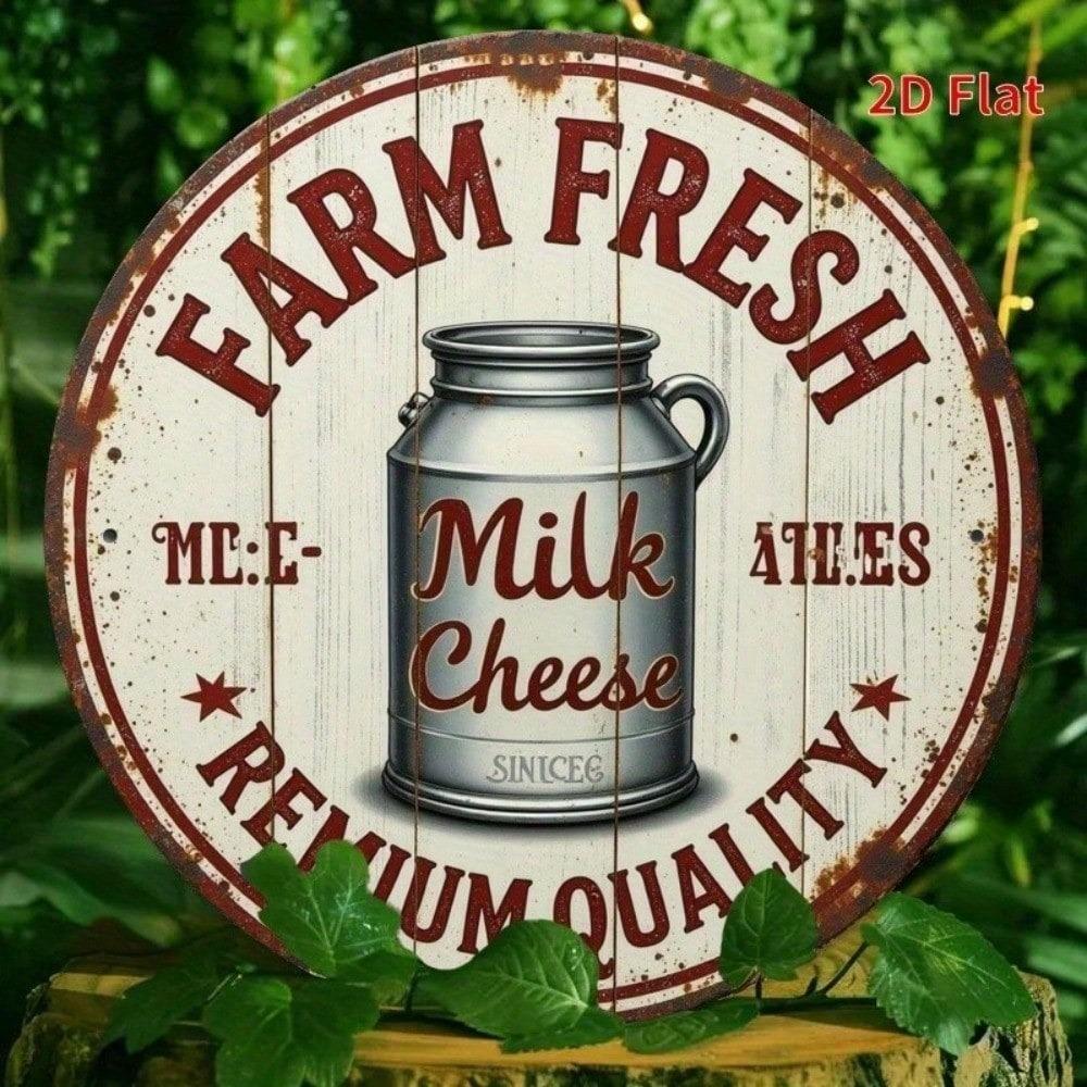 Vintage Round Tin Sign 8x8 Inch Farm Fresh Milk Cheese Retro Metal Plate Wall Art Decor for Kitchen Cafe Bar