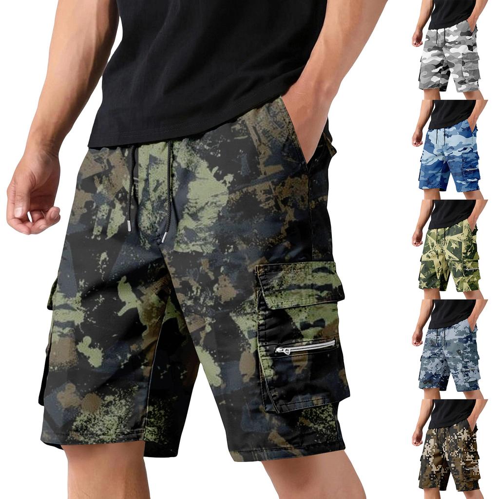 Men's Camouflage Cargo Shorts with Drawstring Waist Adjustable Fit Multi-Pocket Utility Workwear Outdoor Casual Shorts