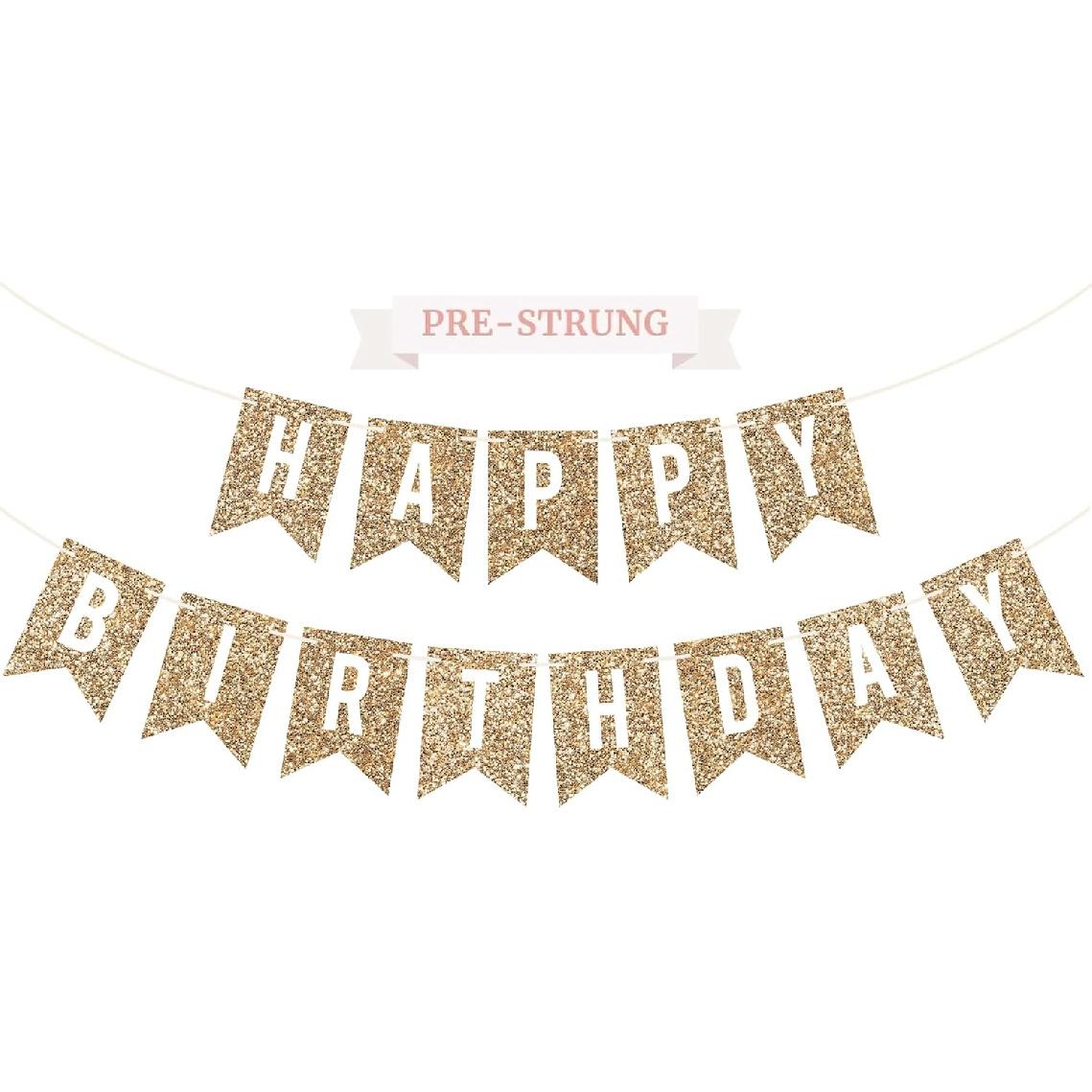 Pre-strung Happy Birthday Banner - No DIY - Gold Glitter Birthday Party Banner - Pre-strung Garland on 6 ft Strands - Gold Bday Party Decorations &