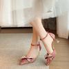 Fashion 2024 New Pearl Bowtie Thin Heels Wedding Shoes Women Bing Shiny Ankle Strap Pumps Woman Sexy Pointed Toe Sequins High Heel Shoes